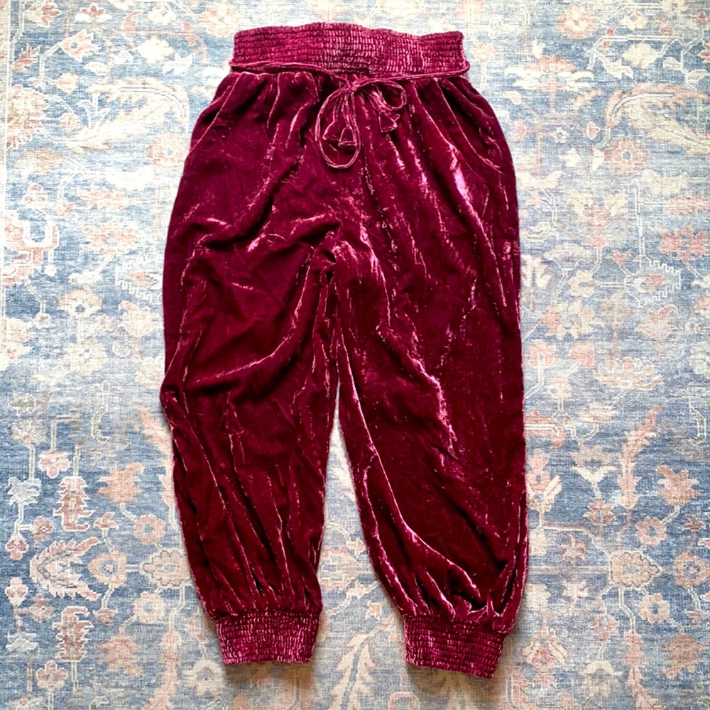 Rich, plum colored velvet joggers